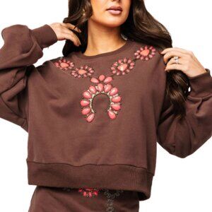 Queen Of Sparkles-Brown & Pink Jeweled Necklace Sweatshirt